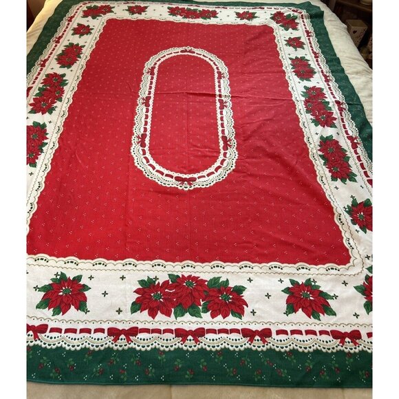 VTG Sunweave Linen Christmas Tablecloth Poinsettias Red & Green 69X49" rectangle - Picture 2 of 8